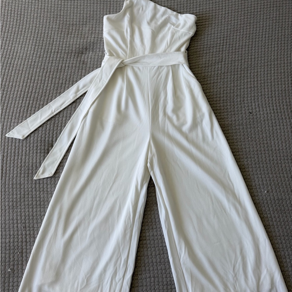 Strapless White Wide-Leg Jumpsuit with Waist Tie